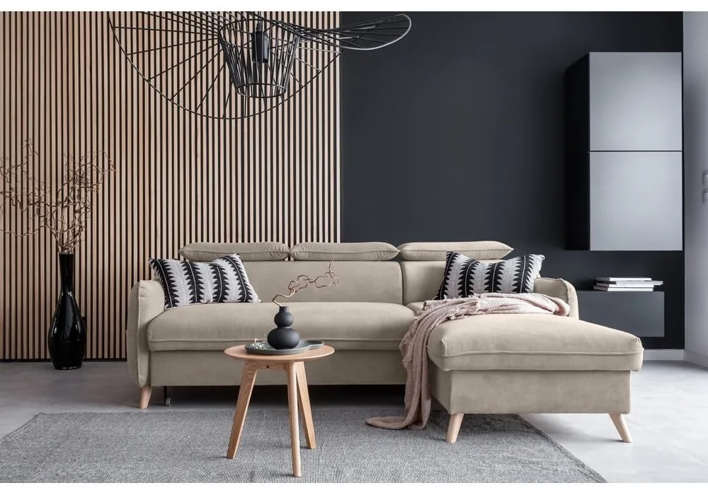 Béžová zamatová rozkladacia rohová pohovka (pravý roh) Sweet Harmony – Miuform