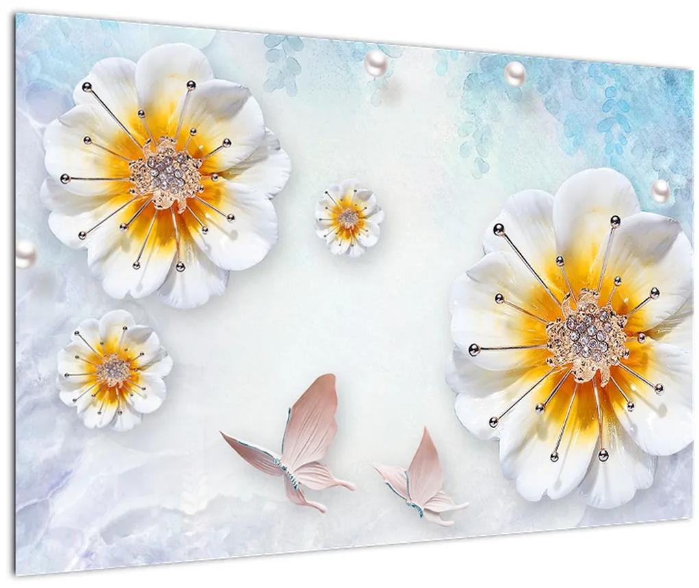 Obraz - Kompozícia s kvetmi a motýľmi (90x60 cm)