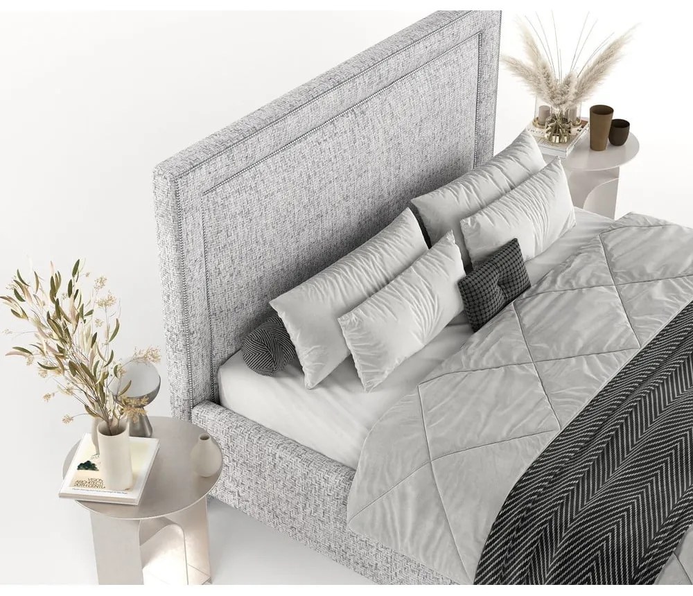 Svetlosivá čalúnená dvojlôžková posteľ s úložným priestorom s roštom 160x200 cm Baleine – Maison de Rêve