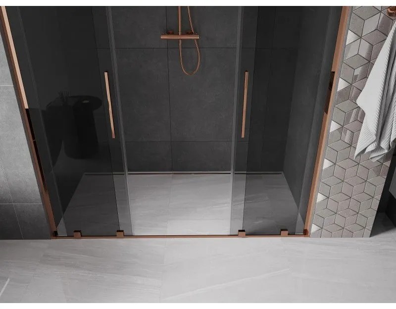Mexen Velar L Duo, posuvné sprchové dvere do otvoru 200 cm, 8mm šedé sklo, ružové zlato, 871-200-003-42-60