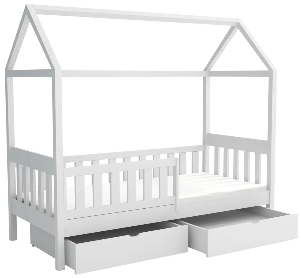 Detská domčeková posteľ z masívu borovice MAGDA so šuplíkmi - 200x90 cm - BIELA