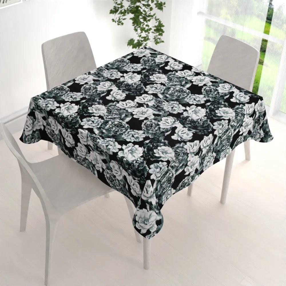 Biante Zamatový štvorcový obrus Tamara TMR-040 Čierno-biele pivonky na čiernom 60x60 cm