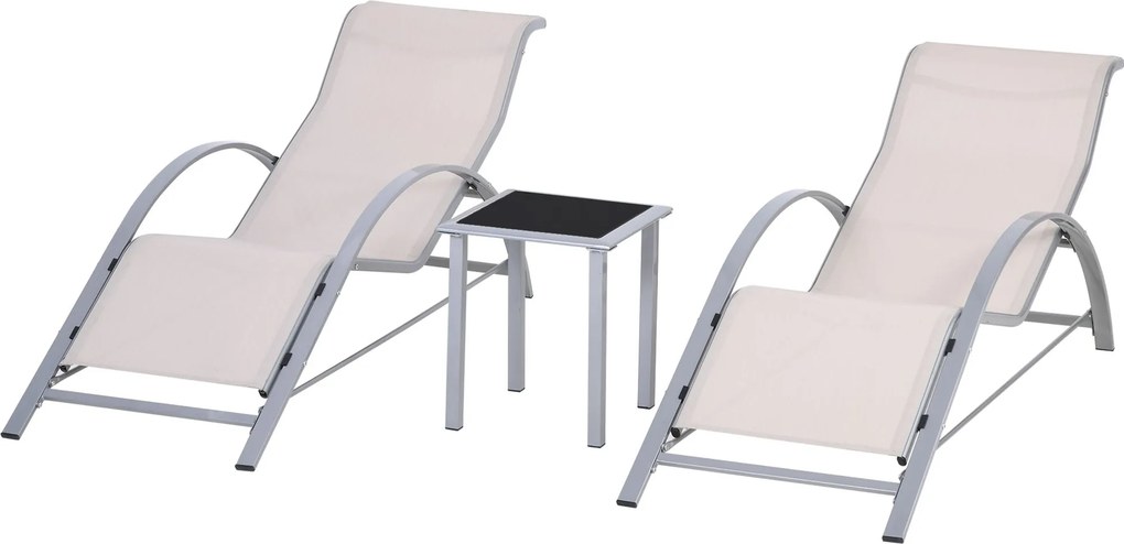 Outsunny Sada 2 Záhradných Lehátiek s Temperovaným Skleneným Bočným Stolíkom, Lehátka s Opierkami na Chrbát pre Exteriér, Beige | Aosom