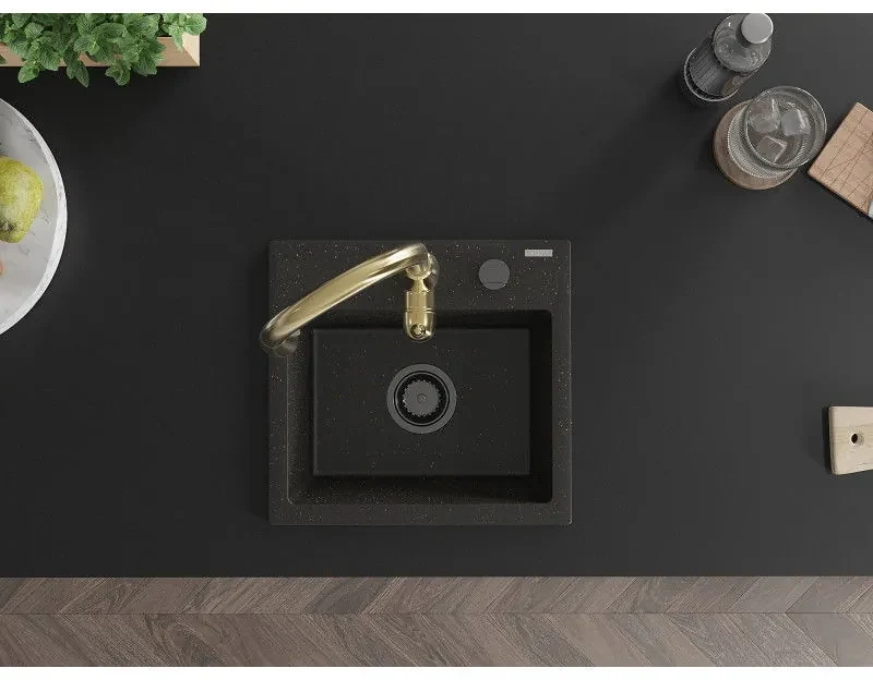 Mexen Milo, 1-komorový granitový drez 435x410x171 mm a drezová batéria Savita, čierna-zlatá metalíza, 6505-75-672601-50-B