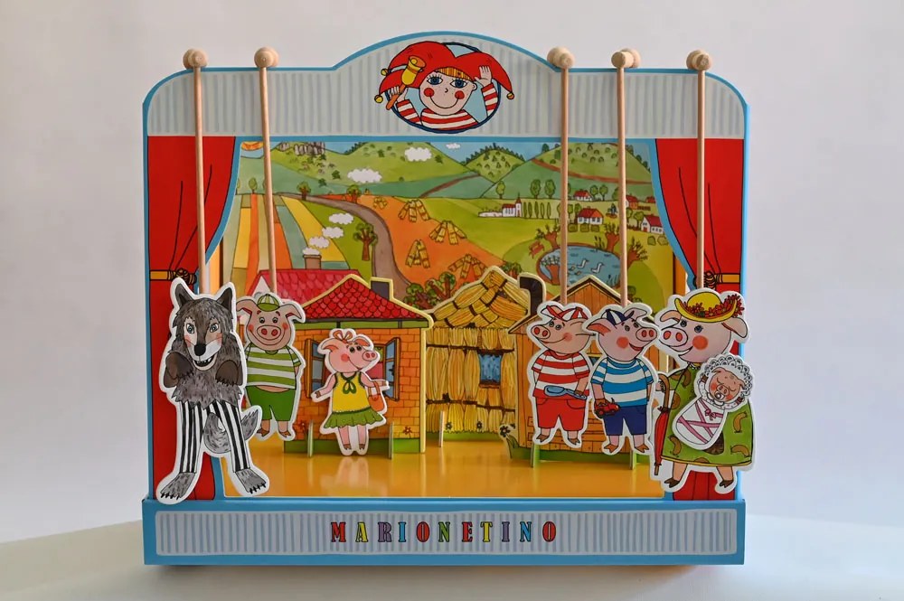 MARIONETINO Bábkové divadlo so zvieratkami – prasiatka a kozliatka (kompletný set, 15 bábok)