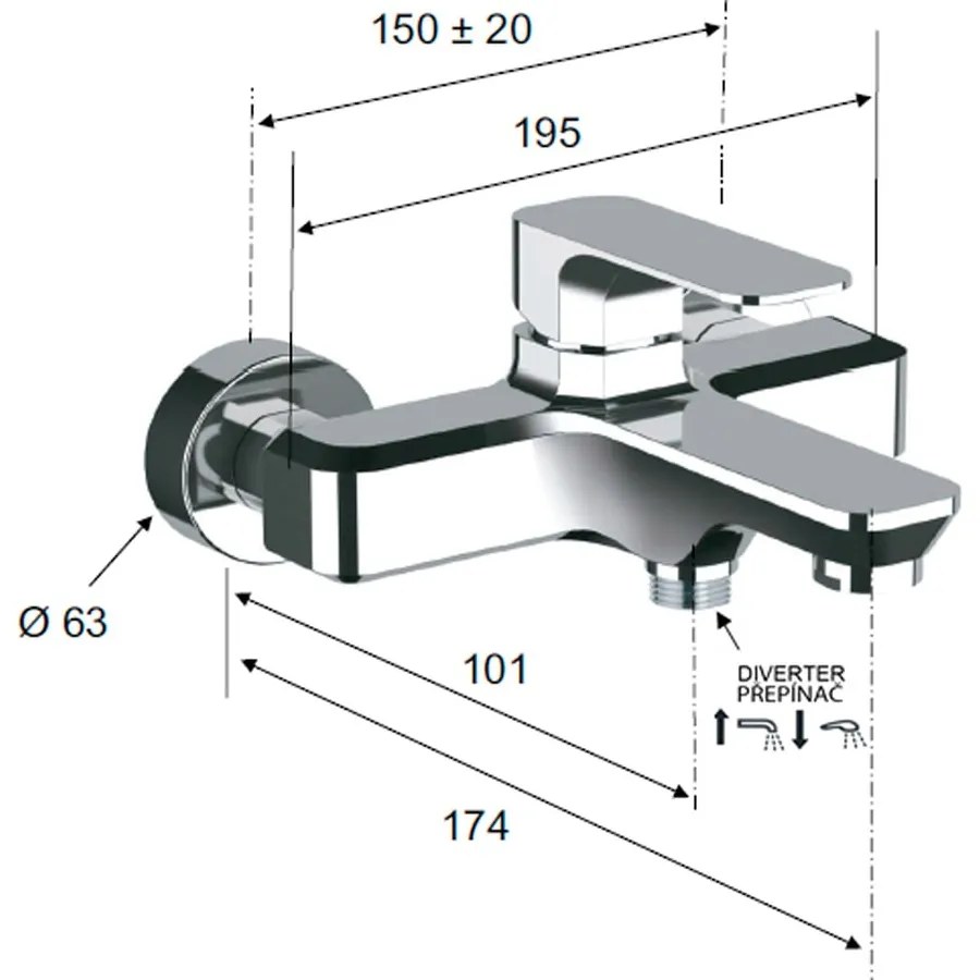 Nástenná vaňová batéria v lesklej striebornej farbe (2 výstupy) Spy – Sapho