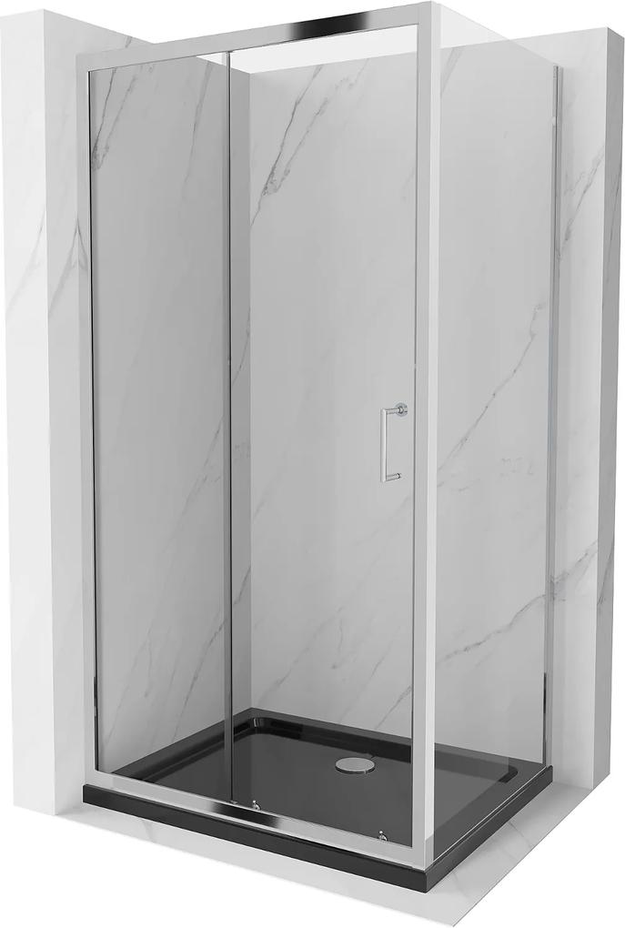 Mexen Apia sprchovací kút s posuvnými dverami 110 (dvere) x 100 (stena) cm, 5mm číre sklo, chrómový profil + čierna sprchová vanička s chrómovým sifónom, 840-110-100-01-00-4070
