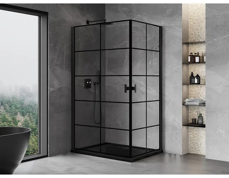 Mexen Mist-B Duo, 2-krídlový výklopný sprchový kút 70 x 80 cm, číre sklo-čierna mriežka, 8A2-070L-080P-70-77