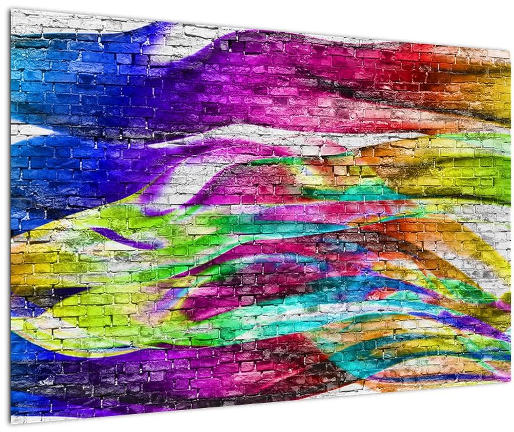 Obraz - Tehlový múr s farebnými plameňmi (90x60 cm)