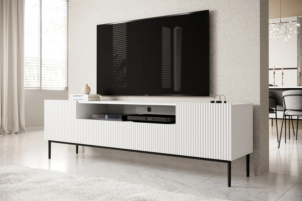 TV stolík Nicole 200 cm s otvorenou policou - biely mat / čierne nožičky