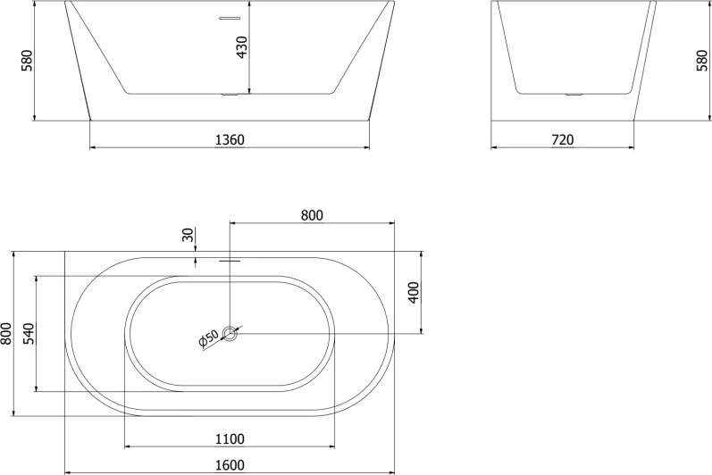 Mexen Oval, voľne stojaca nástenná vaňa 160 x 80 cm, biela-čierna, ružové zlato prepad, 52671608075-60