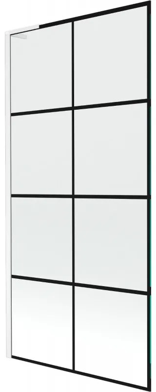Mexen Next L, 1-krídlová vaňová zástena 90 x 150 cm, 6mm číre sklo-čierny vzor, biely profil, 895-090-000-03-77-20