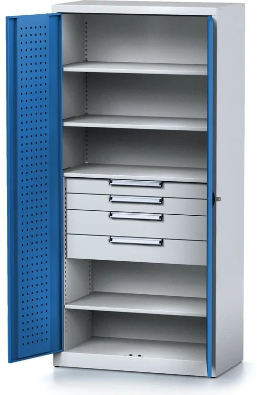 Dielenská skriňa MECHANIC, 1950x920x500 mm, 4 police, 4 zásuvky modré dvere