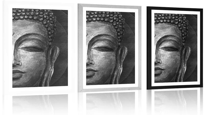 Plagát s paspartou tvár Budhu v čiernobielom prevedení - 30x45 silver
