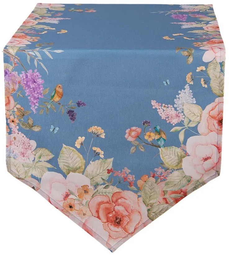 Modrý bavlnený behúň s kvetmi Flower & Fiesta - 50*160 cm