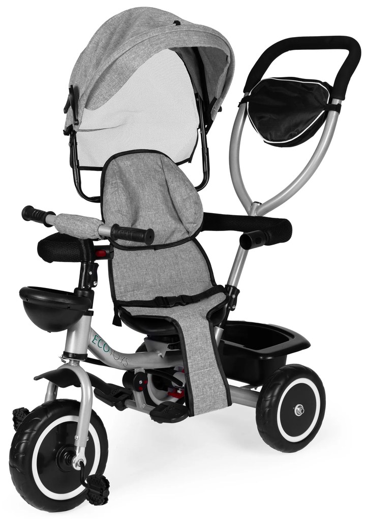 ECOTOYS Trojkolka 2v1 s otočným sedadlom + sklopná strieška - sivá