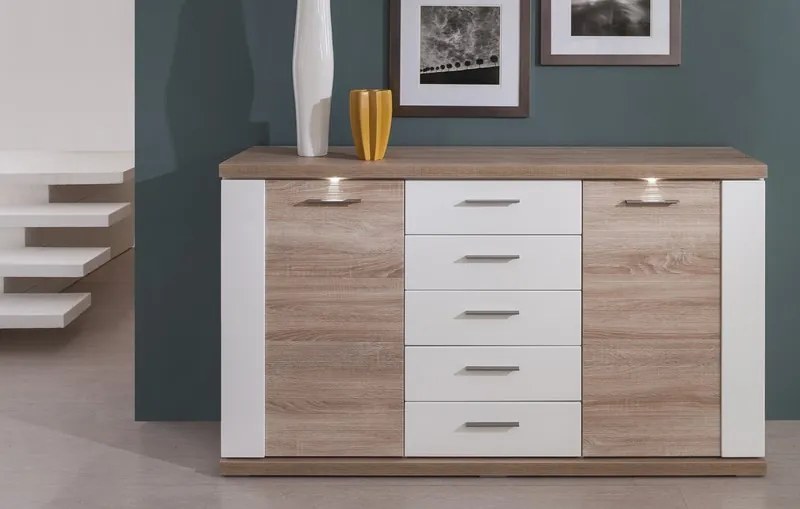 Široká komoda Caracas typ 21, dub/biely lesk, s osvetlením