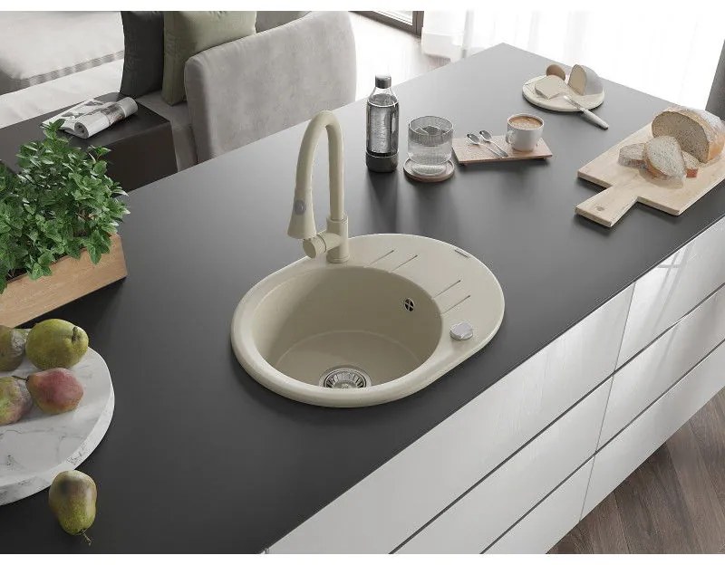 Mexen Kevin, 1-komorový granitový drez 586x458x190 mm a drezová batéria Elia, béžová, 6517-69-670101-69