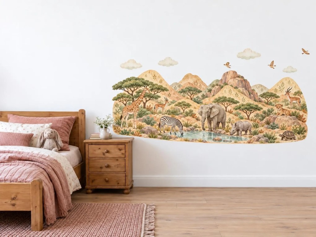 Safari v kopcoch safari nálepky za posteľ do detskej izby na stenu hárok 46 x 19 cm
