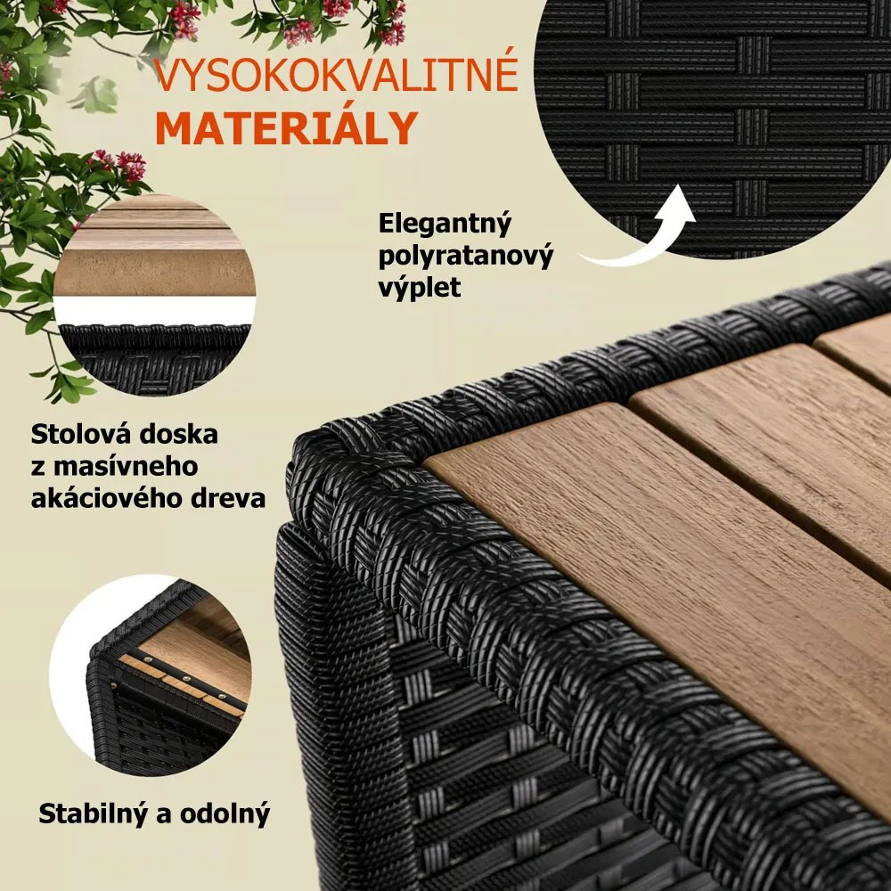 Polyratanový odkladací stolík ROCCO s akáciovým drevom, 40x45x45cm, čierna/hnedá Casaria