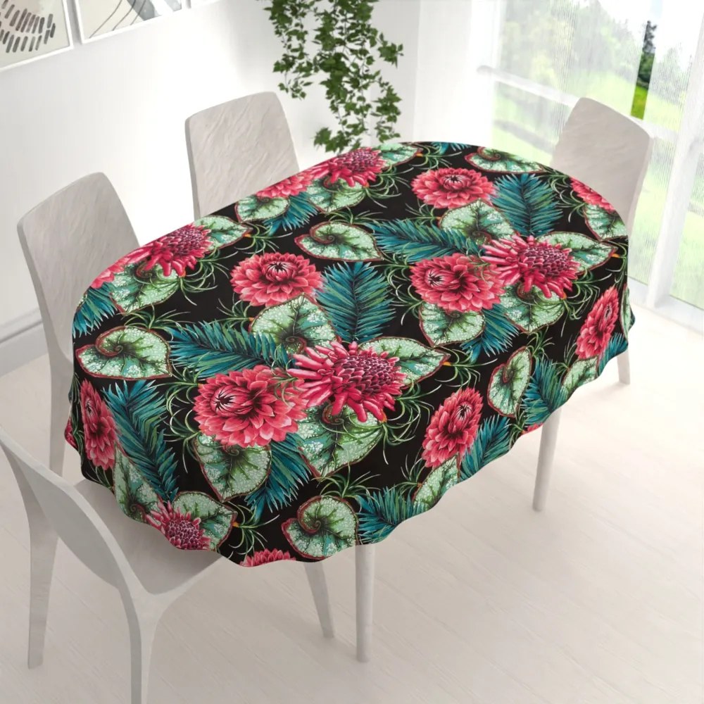 Biante Bavlnený oválny obrus Sandra SA-566 Veľké tropické kvety a listy na čiernom 50x100 cm