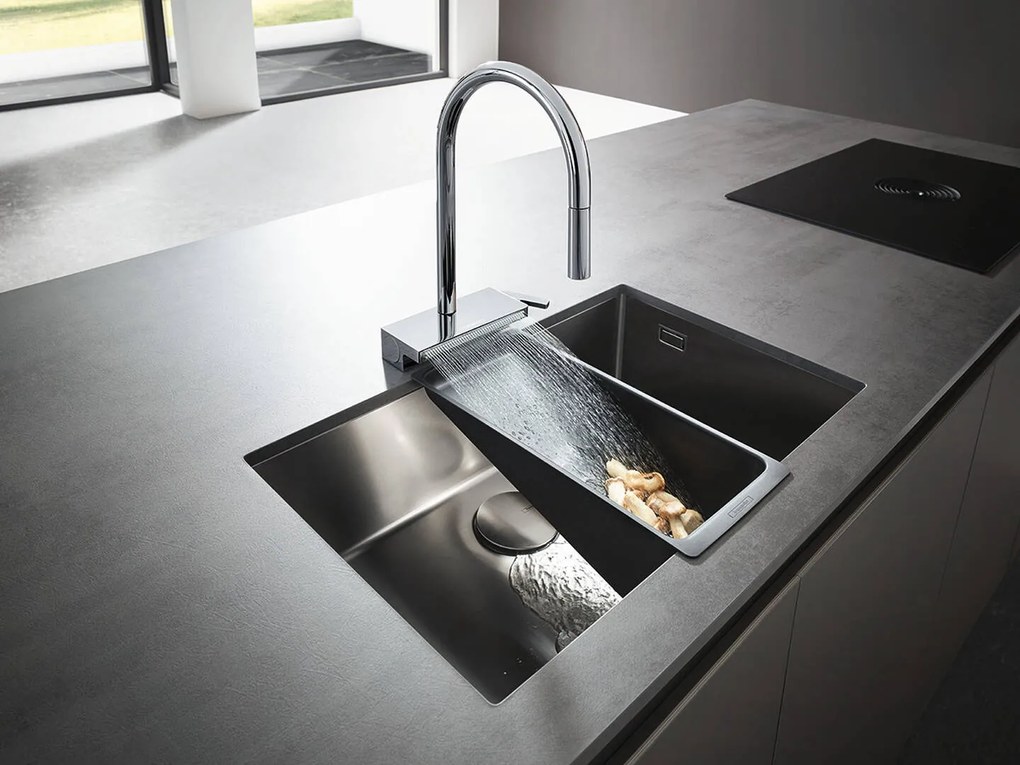Hansgrohe M81, drezová batéria Aquno Select s výsuvnou koncovkou a plochým sprchovým prúdom, chrómová, HAN-73837000