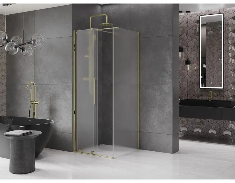 Mexen Velar, sprchový kút s posuvnými dverami 90 x 90 cm, 8mm sklo námraza, zlatá lesklá, 871-090-090-31-50