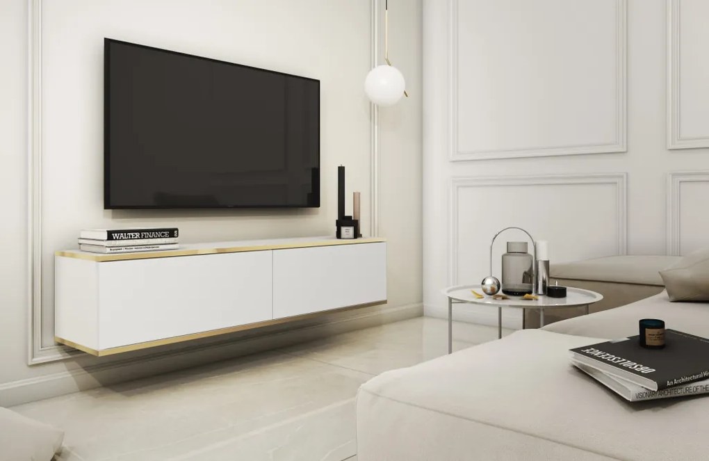 Závesná TV skrinka Orfeo, 135 cm, biela/zlatá