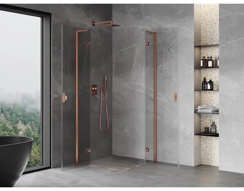 Mexen Mist-H L Duo, 2-krídlový sprchový kút 80 x 80 cm, číre sklo, medený matný profil, 8A5L-080L-080P-65-00
