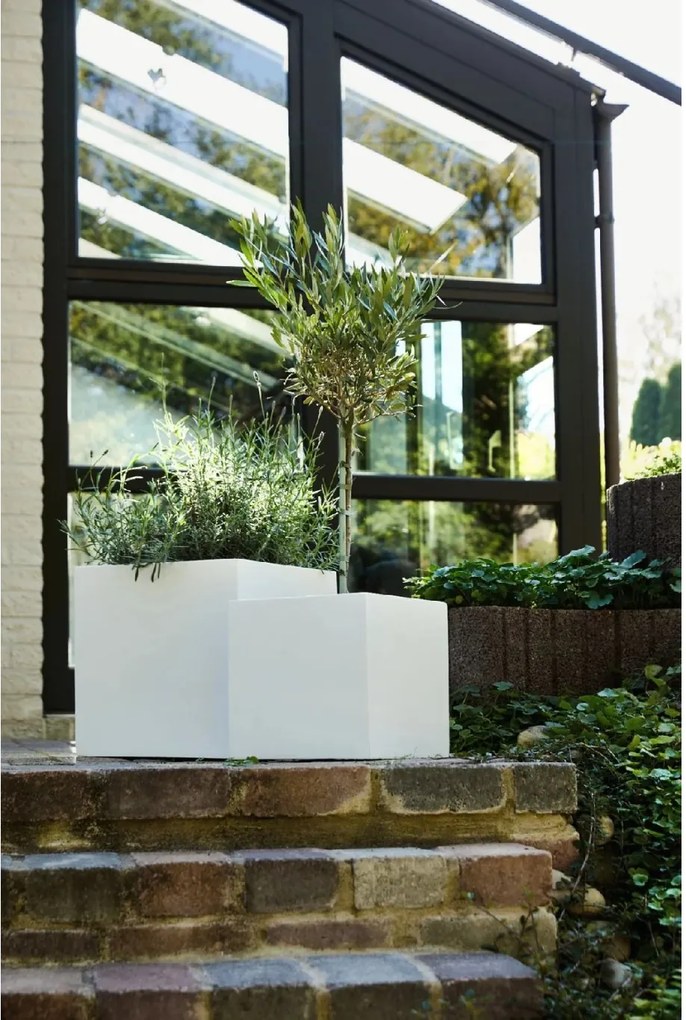 Samozavlažovací kvetináč BLOCK, sklolaminát, 40x40x40 cm, biely mat