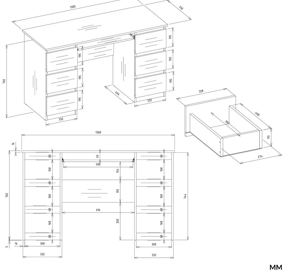 Písací stôl s nadstavcom KUBA 130 cm biely