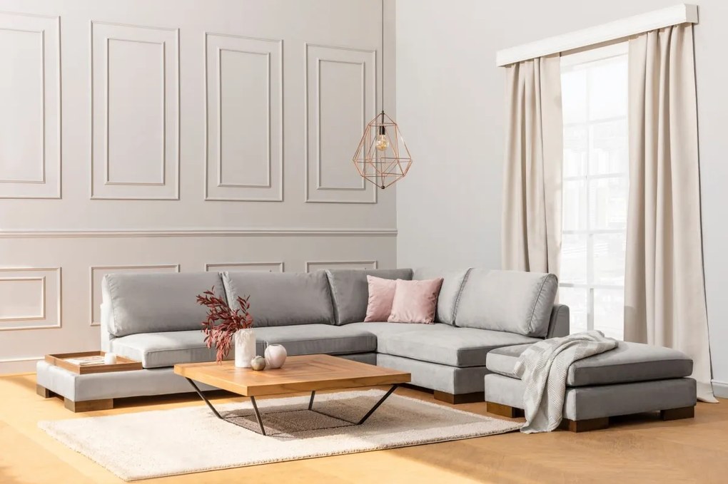 Rohová sedací souprava Tulip 313 cm s odkládacím stolkem světle šedá pravá