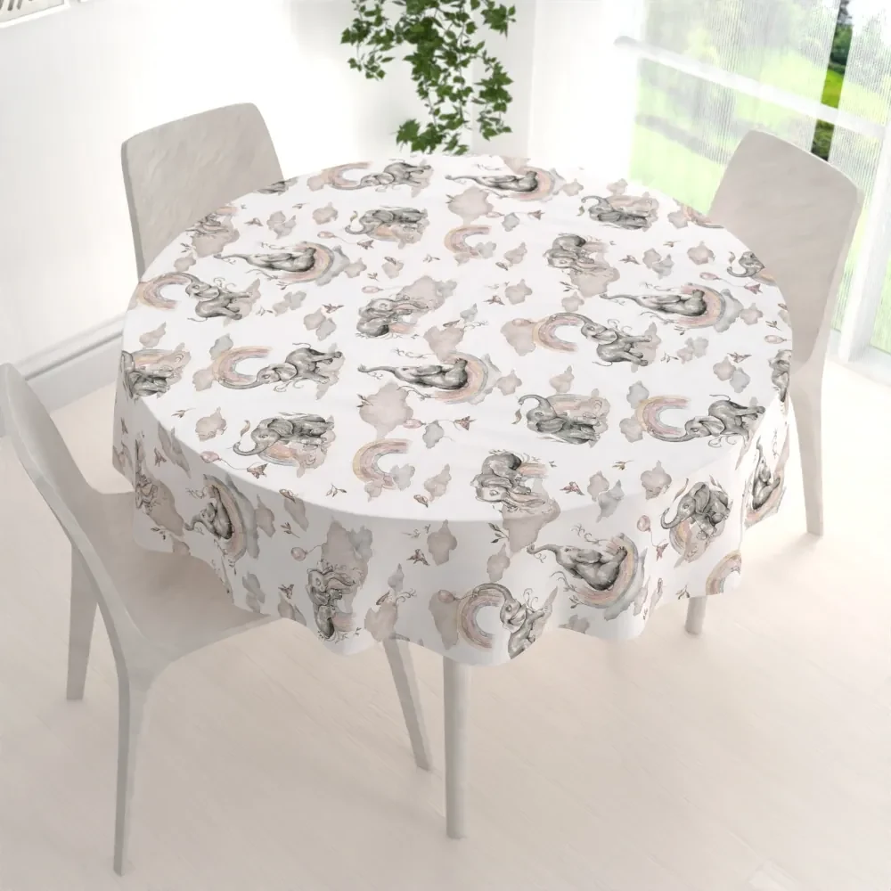 Biante Detský bavlnený okrúhly obrus Sandra SA-462 Slony so sivohnedou dúhou na bielom Ø 80 cm