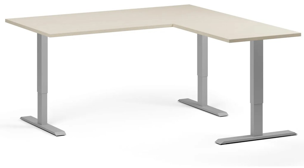 Výškovo nastaviteľný stôl, 160x160 cm, 3 motory, L/P, sivá podnož, breza