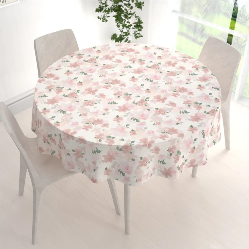 Biante Zamatový okrúhly obrus Tamara TMR-036 Ružovo-béžové akvarelové kvety na bielom Ø 60 cm