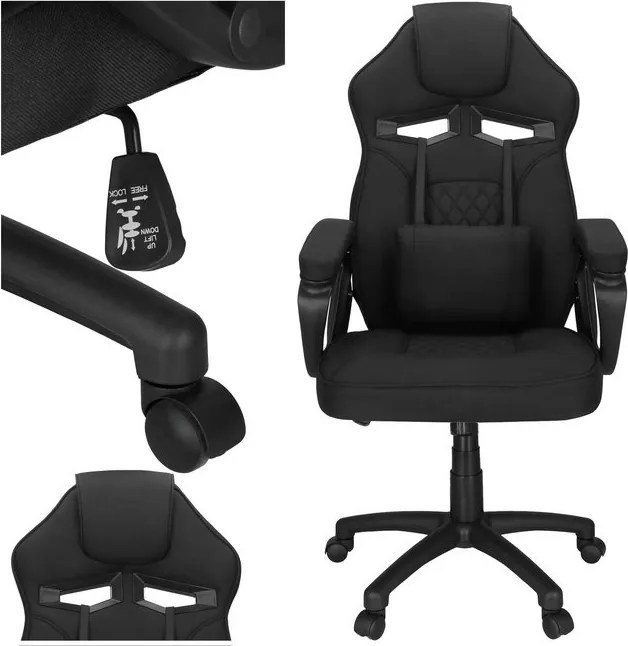 Herná stolička Springos – kancelárska stolička s nastaviteľnou výškou, hojdacou funkciou a bedrovou opierkou, čierna HF0036