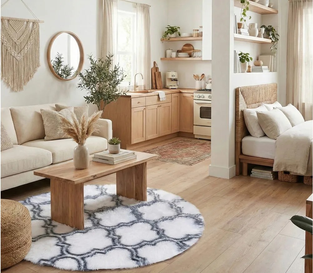 TZ Biely okrúhly vzorovaný koberec shaggy Decor Latern Rozmer: 120 cm