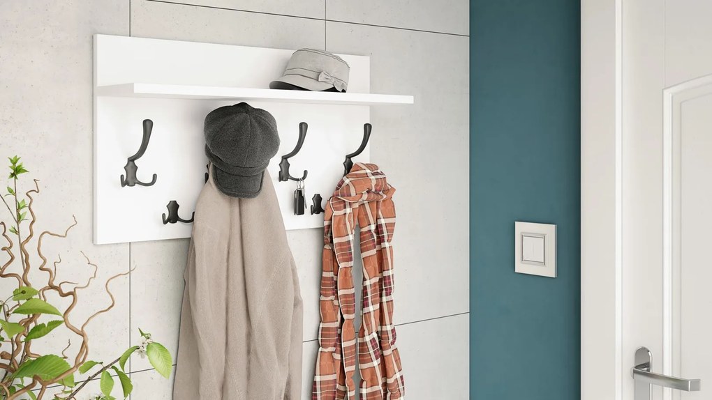 FINLO Biela matná / držiaky Čierne matné - MODERNÝ NÁSTENNÝ VEŠIAK S POLICAMI DO PREDSIENE 70 cm