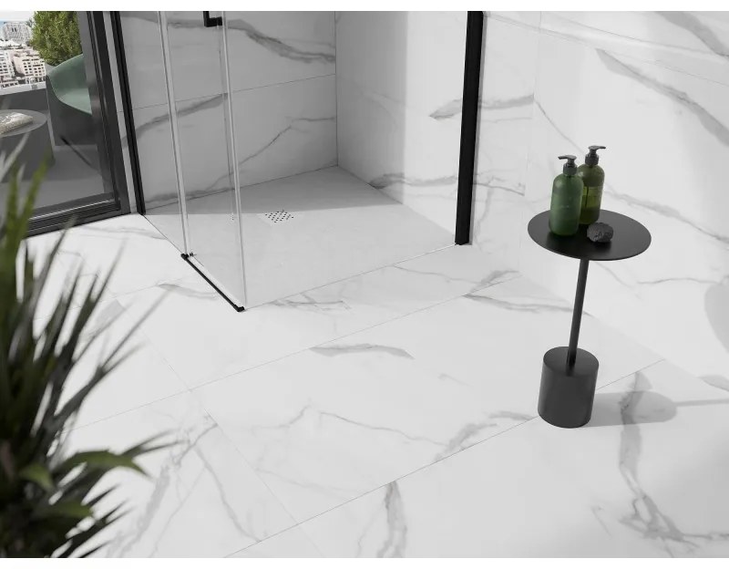 Mexen Stone+, štvorcová vanička z minerálneho kompozitu 90 x 90 cm, biela, biela krytka, 44109090-W