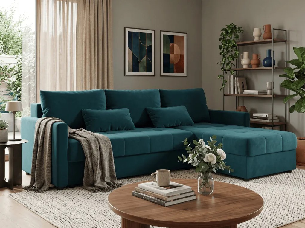 Rozkladacia obojstranná sedacia súprava do L VENORIA 220x143 cm, petrolejová + 2 vankúšiky ZDARMA