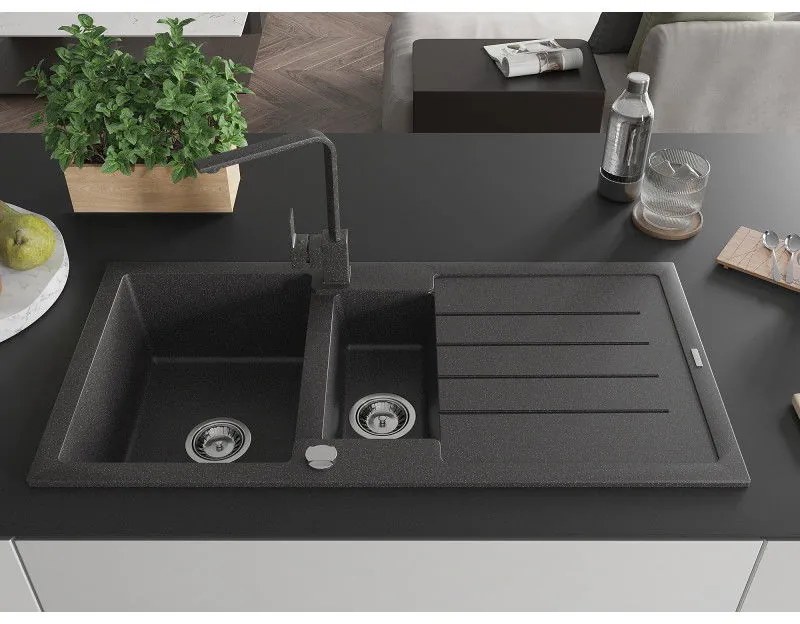 Mexen Andres, granitový drez 1000x500x200 mm, 1,5-komorový, čierna škvrtnitá s chrómovým sifónom a čierna škvrnitá drezová batéria Rita, 6515-76-670300-76