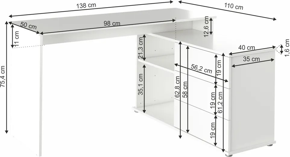 Univerzálny rohový PC stôl Terino L/P - biela