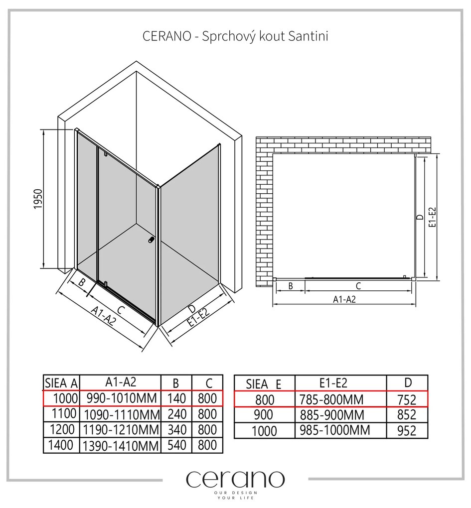 Cerano Santini, sprchovací kút 100(dvere) x 80(stena) x 195 cm, 6mm číre sklo, čierny profil, CER-CER-428944