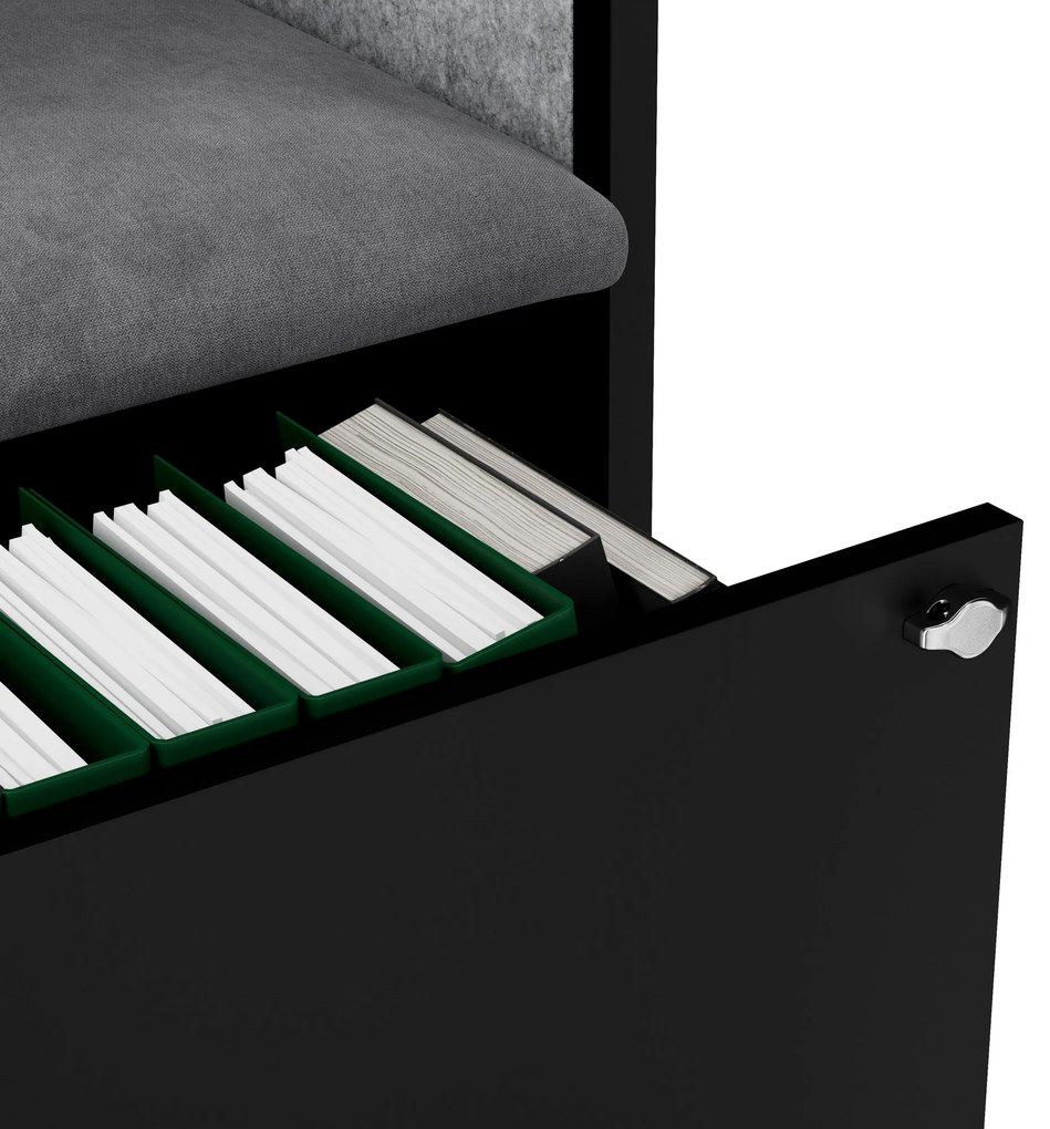 Kancelárska akustická kabína so sedadlom a portom USB-C, telo v čierny / sedák sivá v zelenej farbe, 1150 mm: SALLY MentalBox
