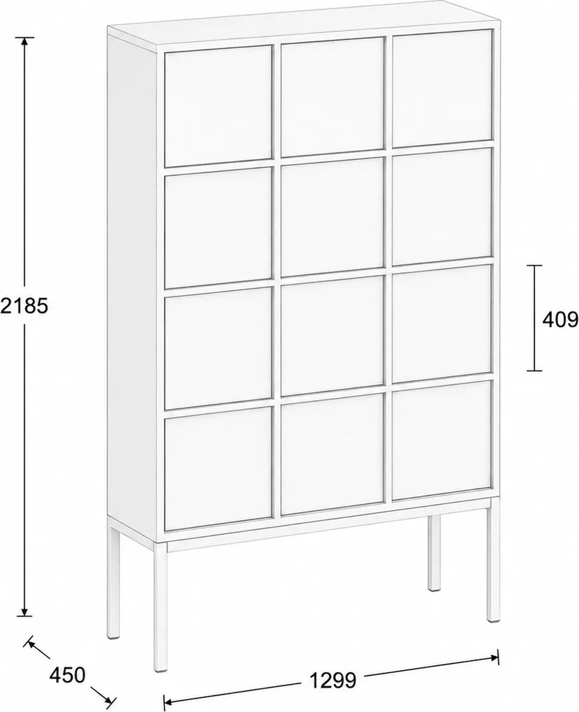 Kancelárska skriňa FRAME, čierna podnož, 12x dvere, 1299 x 450 x 2185 mm, PUSH-lock, biela