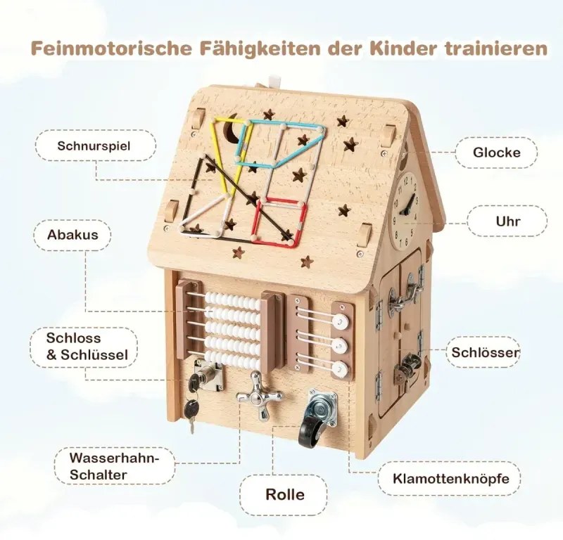 Veľká motorická hračka pre deti od 3 rokov Drevený detský domček s 23 doplnkami a úložným priestorom