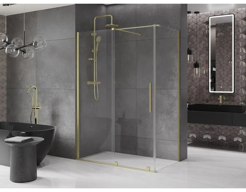 Mexen Velar, sprchový kút s posuvnými dverami 150(dvere) x 85(stena) cm, 8mm číre sklo, zlatá matná, 871-150-085-01-55