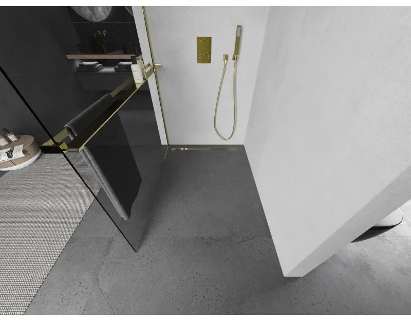 Mexen Kioto+ L, sprchová zástena Walk-In s poličkou a vešiakom 80 x 200 cm, 8mm číre sklo, zlatý lesklý profil,800-080-123-50-00