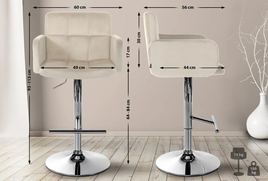 Barová stolička Los Angeles - zamat, chróm rám - krémová