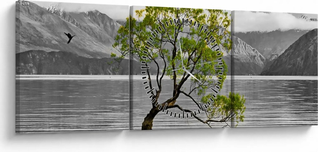 Obraz stromu uprostred jazera (s hodinami) (90x30 cm)